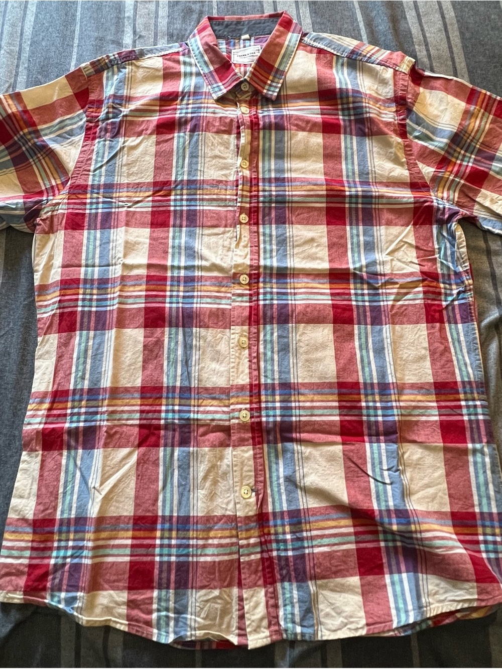 Frank & Oak Men's Large Red and Cream Plaid Button-Down Shirt